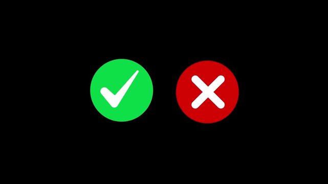 Animated pop-up green check mark and red cross X symbol on transparent background. A checkmark in and out motion graphics animation. Video footage of yes or no, true or false with alpha channel