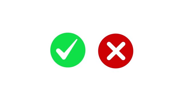 Animated pop-up green check mark and red cross X symbol on transparent background. A checkmark in and out motion graphics animation. Video footage of yes or no, true or false with alpha channel