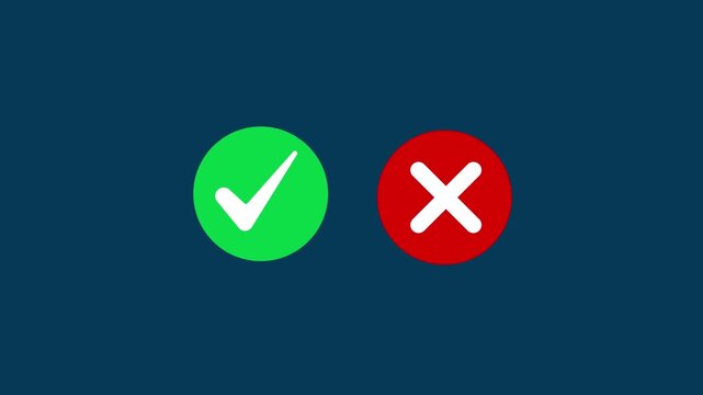 Animated pop-up green check mark and red cross X symbol on transparent background. A checkmark in and out motion graphics animation. Video footage of yes or no, true or false with alpha channel