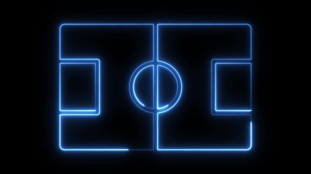 Glowing blue neon outline of a soccer field diagram on a black background for sports analysis and digital tactical planning and game visualization