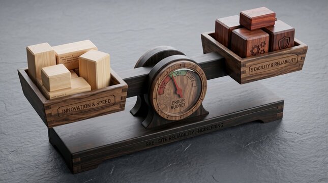 Wooden balance scale with light and dark blocks representing Site Reliability Engineering SRE and error budgets concept