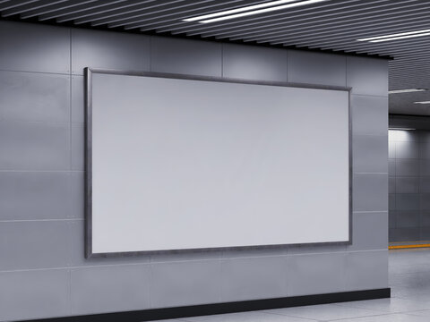Empty Billboard Display with Steel Frame Mockup Mounted on Tile Wall