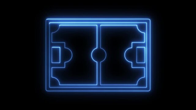 Glowing blue neon outline of a rectangular sports field with rounded corners and goal boxes on a dark background for digital sports applications