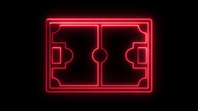 Glowing red neon outline of a rectangular sports field with rounded corners and goal boxes on a dark background for digital sports applications