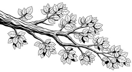 Fototapeta premium Black and White Line Art Illustration of a Tree Branch with Leaves