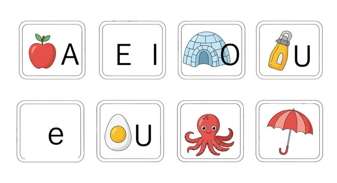 Vowel alphabet flashcards with colorful educational illustrations