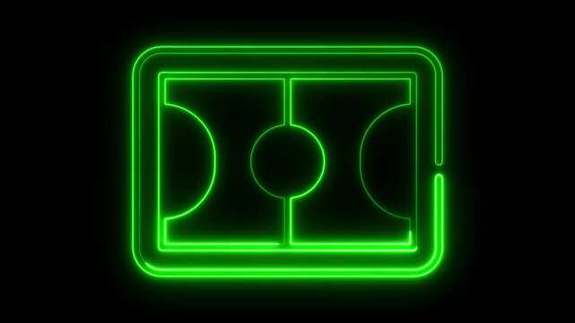 Bright neon green glowing outline of a rectangular sports court with rounded corners and a center circle isolated on a solid black background