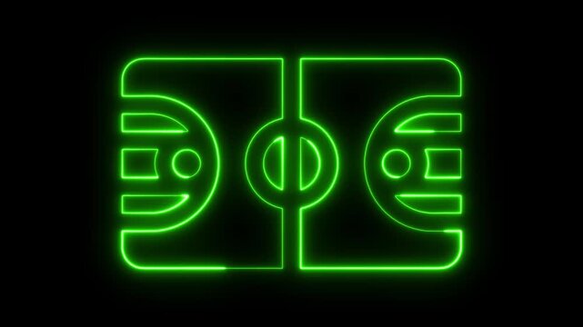 Neon basketball court diagram glowing white lines on black grid background digital animation abstract sports strategy planning game analysis technology concept.