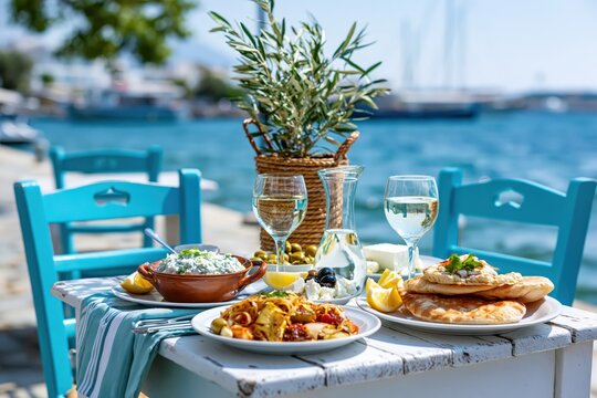 Greek seaside taverna table set for lunch overlooking picturesque port