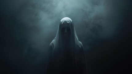 Fototapeta premium Spooky Hooded Ghostly Figure In White Shroud Standing In Eerie Dark Foggy Background Halloween