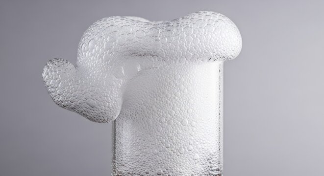 Close-up of effervescent bubbling foam overflowing from a clear glass container in a laboratory setting