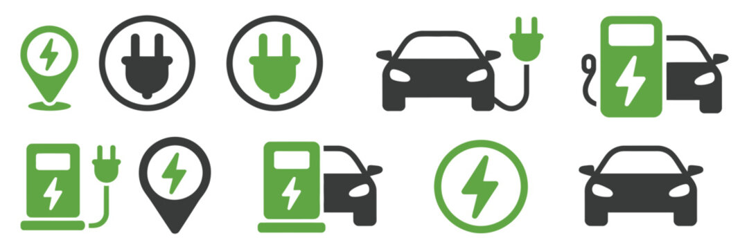 Electric Car Charging Icons Featuring EV Stations, Power Plugs, Charging Sockets, Hybrid Vehicles, and Green Mobility Solutions