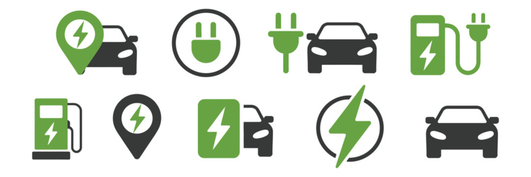Electric Car Charging Icons Featuring EV Stations, Power Plugs, Charging Sockets, Hybrid Vehicles, and Green Mobility Solutions
