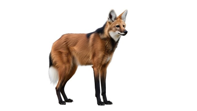 A maned wolf with reddish-brown fur black legs and a white tail stands on a white background