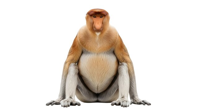 A male proboscis monkey with a large pink nose sits facing forward on a white background