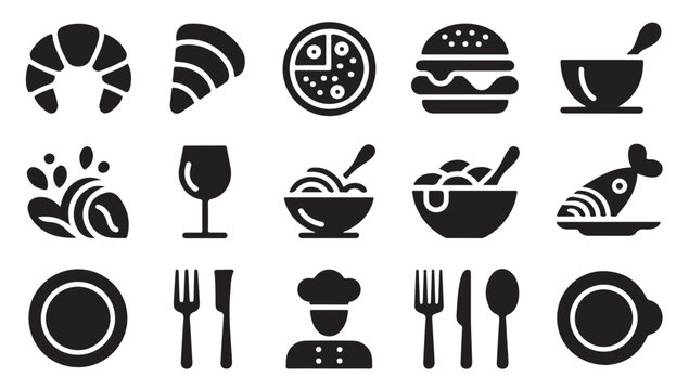 Culinary restaurant dining icons set featuring pizza burger soup pasta and chef design.
