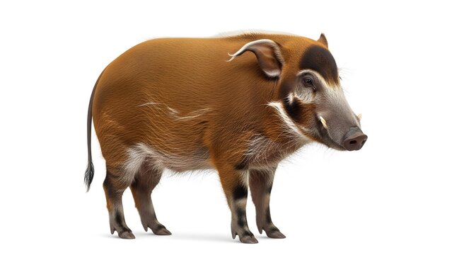 A red river hog with distinctive brown fur and white markings stands on a white background