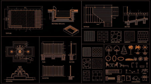 Landscape Architecture CAD Symbols Vector Set with Swimming Pool, Fountain, Garden Fence, Deck, Paving and Site Plan Elements Technical Blueprint Collection