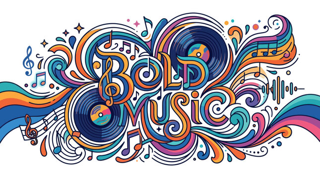 Bold music typography with vibrant records and musical swirls