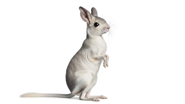 A small desert jerboa with large ears stands on its hind legs against a white background