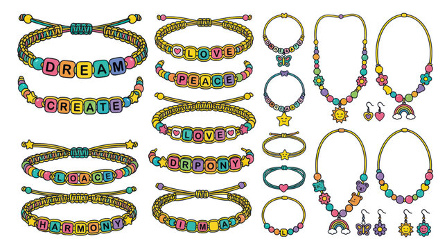 Colorful handmade friendship bracelets and jewelry with letter beads