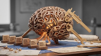 Conceptual wooden brain model on a blueprint desk being adjusted with tools, representing generative AI model fine-tuning and prompt engineering architecture