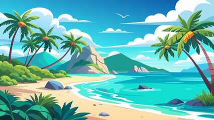 Obraz premium Tropical beach with palm trees and turquoise ocean in bright daylight for vacation advertising.