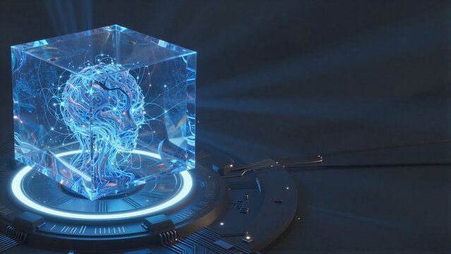 A glowing brain inside a transparent cube, illuminated by blue light on futuristic platform.