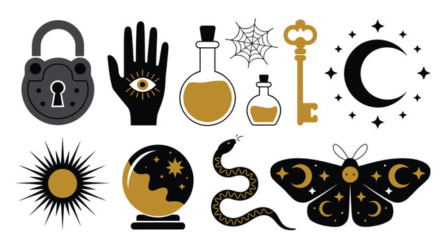 Mystical and magical symbols featuring a key, moon, sun, lock, crystal ball, and potion bottles