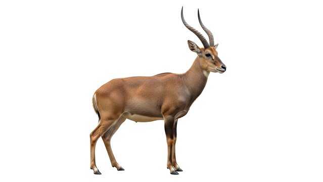 Brown waterbuck antelope with spiraled horns standing on a white background male