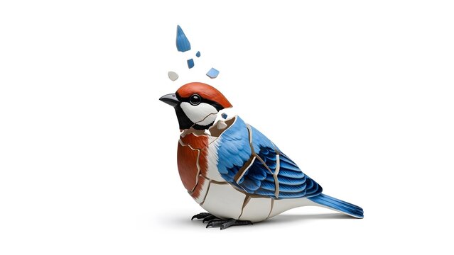 Ceramic bird sculpture with fragmented pieces breaking away from its head and body