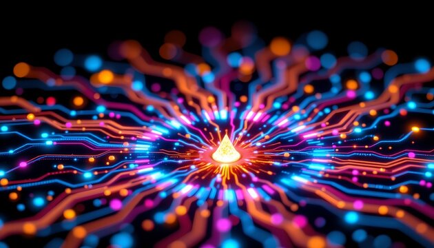 The image features a central glowing object resembling a drop shape emitting a bright yellow light, surrounded by dynamic, colorful lines and particles that radiate outward