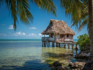 Fototapeta premium Thatched-roof wooden hut on stilts by clear tropical waters under blue sky with palm trees