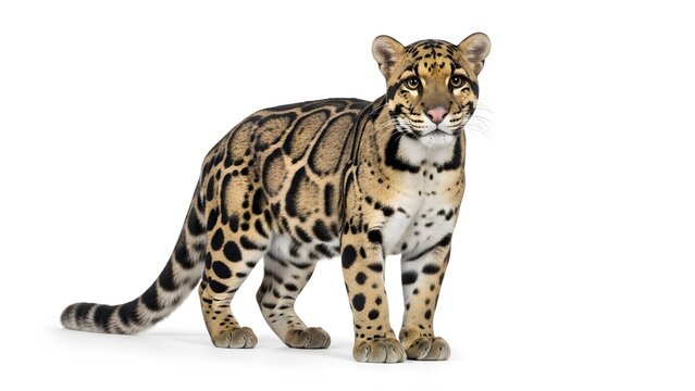 Clouded leopard cub with distinctive spotted coat standing on a white background
