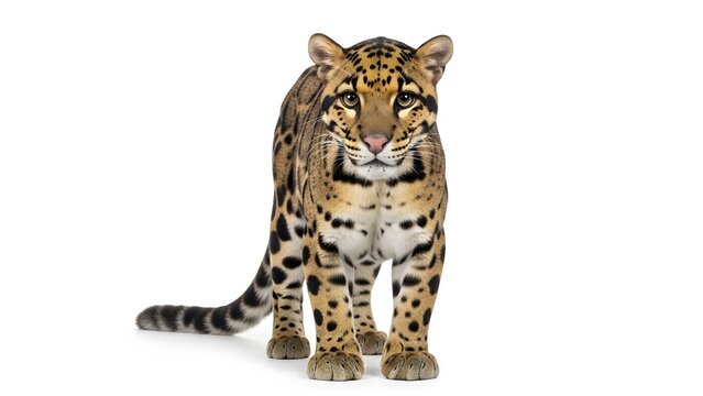Clouded leopard standing facing forward on a white background showcasing its unique spotted coat