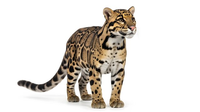 Clouded leopard standing on a white background with distinctive cloud-like markings