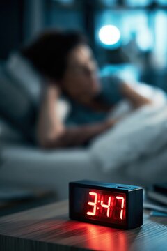 Person lying awake in bed with digital alarm clock showing 3:47, insomnia concept, copy space