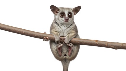 Obraz premium Cute bushbaby primate with large eyes clinging to a brown wooden branch on white background