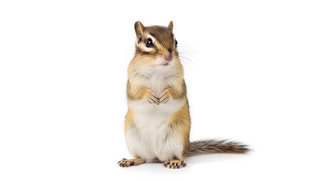 Cute Eastern Chipmunk Standing on Hind Legs with Paws Clasped on White Background