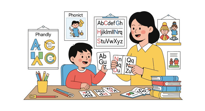 Teacher and young student practicing alphabet phonics