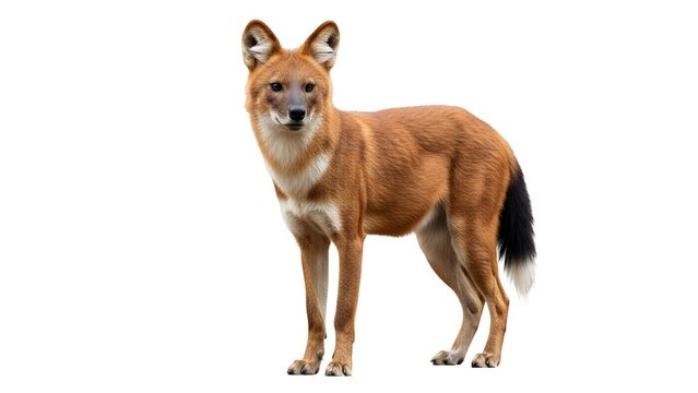 Dhole Wild Dog Facing Forward on a White Background with Brown Fur and Dark Tail Tip