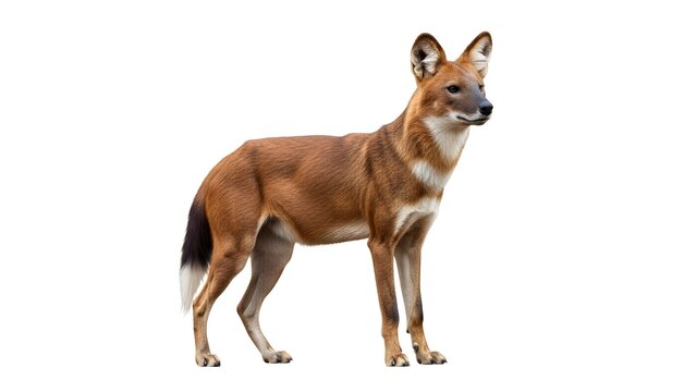 Dhole Wild Dog Standing Sideways on a White Background with Brown Fur and White Chest