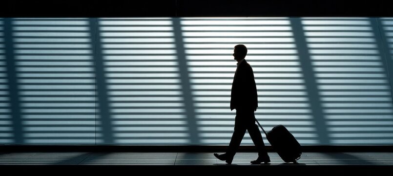 Silhouette of businessman walking with suitcase in modern airport terminal with striped light