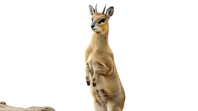 Dik-dik antelope standing on hind legs looking to the side with attentive ears on white