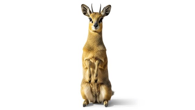 Dik-dik antelope standing tall on hind legs looking forward with ears perked on white background