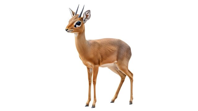 Dik-dik Antelope with Large Eyes and Horns Standing on White Background