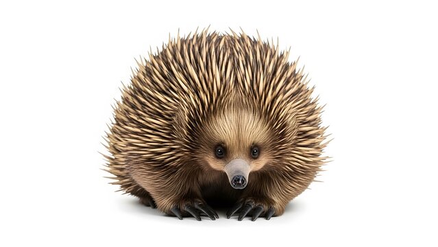 Echidna with sharp spines facing forward on a white background showcasing its unique appearance