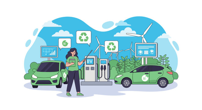 Woman charging electric cars at eco-friendly charging station with wind turbines.
