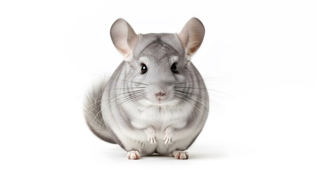Fluffy chinchilla with large ears and grey fur sits on a white background rodent