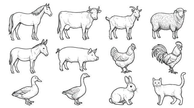 Vintage farm animal vector illustrations, hand drawn livestock line art set of 12 icons, rustic black and white farm animals for organic food branding